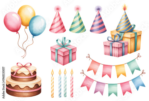 Birthday party element set with cake, balloons and gifts watercolor illustration.