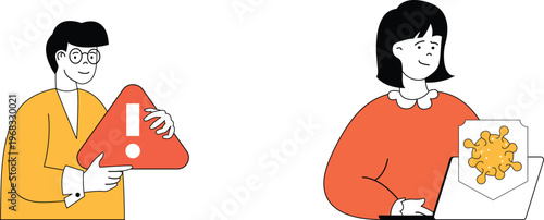 Person holding warning sign while another looks at virus on laptop screen during health alert