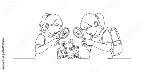Kids Exploring Nature. Minimalistic one-line drawing children using magnifying glass to study insects and plants, continuous single black line on white