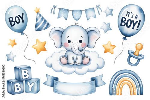 Baby boy celebration elements with elephant and balloons in watercolor. It’s a boy nursery illustration set for baby shower invitation.