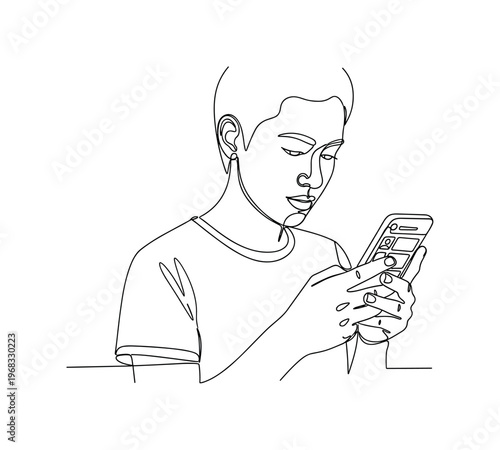 Browsing Social Media on a Smartphone. Minimalistic one-line drawing person holding smartphone scrolling through feed, continuous single black line on white