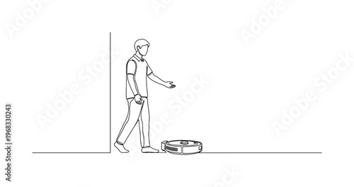 Smart Cleaning Session. Minimalistic one-line drawing individual guiding robot vacuum across room, continuous single black line on white background, simple