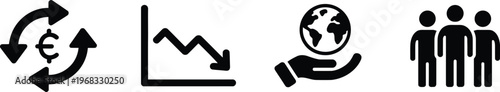Black icons showing euro currency exchange, declining line graph, hand holding globe for sustainability, and three people symbolizing community teamwork