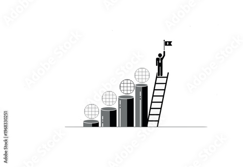 leadership progression abstract cylinders circular grids and minimal flag icons vintage monochrome employee reaching new position milestone on career ladder