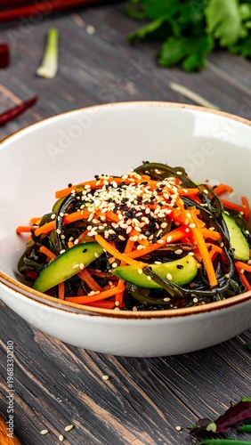 Close-up shot of a vibrant, appetizing dish served in a white bowl. The dish contains seaweed, carrots, cucumbers, and sesame seeds. It sits on a dark wooden surface