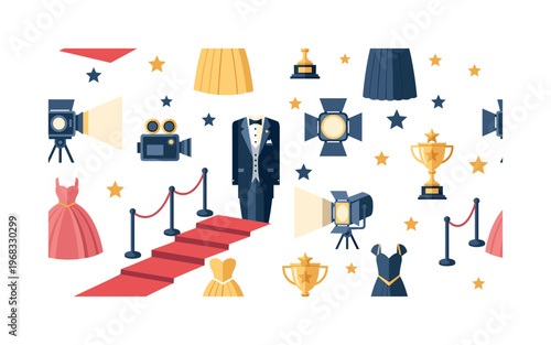 celebrity style icons seamless pattern, repeating pattern, surface design, textile print, modern illustration of gowns, tuxedos, cameras, red