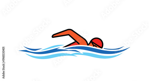 Dynamic illustration of a swimmer in the freestyle stroke, personified by clean lines and vibrant orange against blue waves, symbolizing aquatic