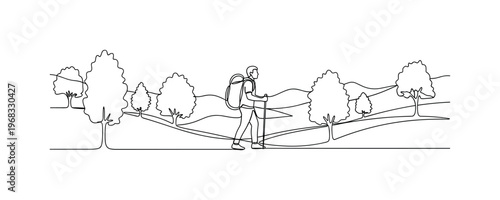 Trekking Outdoors. Minimalistic one-line drawing person hiking through natural landscape with trees and hills, continuous single black line on white