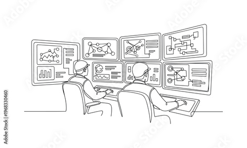 Electric Grid Control. Minimalistic one-line drawing operators managing smart grid on large screens, continuous single black line on white background, simple