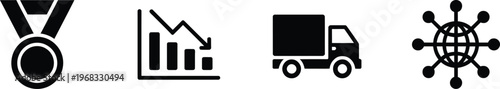 Medal achievement symbol, declining bar chart performance, delivery truck logistics icon, global network connectivity globe with connected nodes illustration