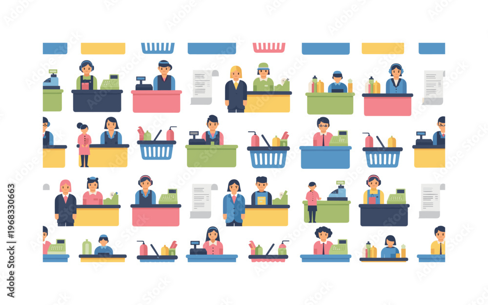 Obraz premium checkout patterns seamless pattern, repeating pattern, surface design, textile print, modern illustration of service workers, counters, registers, products,