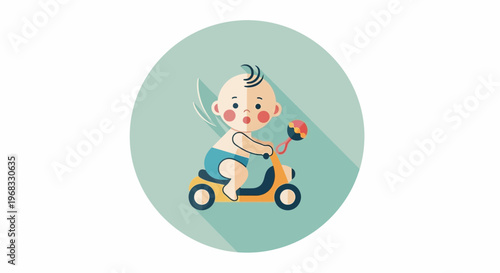 Cute baby riding a scooter with wings illustration.