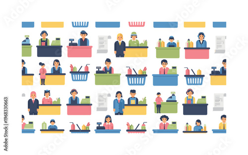 checkout patterns seamless pattern, repeating pattern, surface design, textile print, modern illustration of service workers, counters, registers, products,