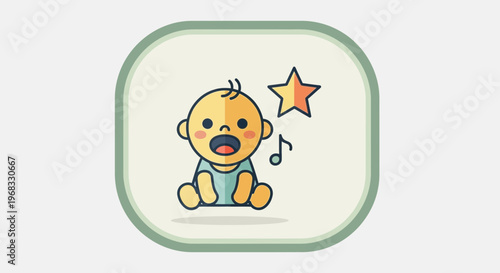 Cute baby singing with star and music notes icon.