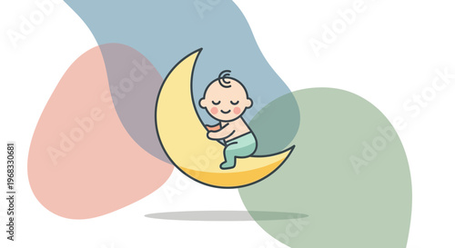 Cute baby sleeping peacefully on a crescent moon.