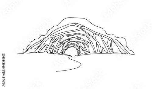 Mysterious Canopy. Minimalistic one-line drawing treetops forming dark roof above trail, continuous single black line on white background, simple outline