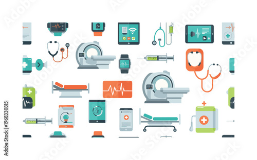 digital medicine icons seamless pattern, repeating pattern, surface design, textile print, modern illustration of wearable monitors, tablets, smartwatches,