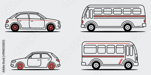 Road vehicle icons including cars, trucks, and buses in simple line art style, hand drawn vector illustration in black and white