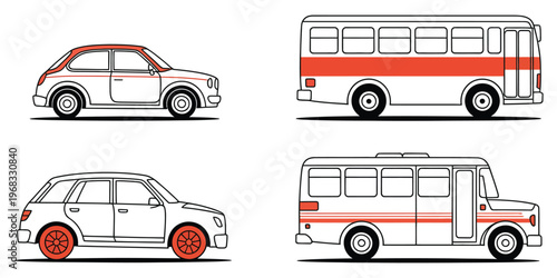 Road vehicle icons including cars, trucks, and buses in simple line art style, clean vector sketches, hand drawn doodle style for maps
