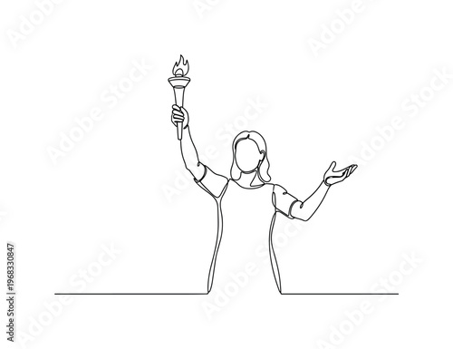 Mystical Ritual. Minimalistic one-line drawing person holding torch while performing ceremonial gesture, continuous single black line on white background,