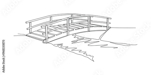 Overstream Wooden Bridge. Minimalistic one-line drawing simple wooden bridge spanning river or stream, continuous single black line on white background, simple