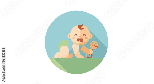 Happy Baby Crawling with Rattle Toy.