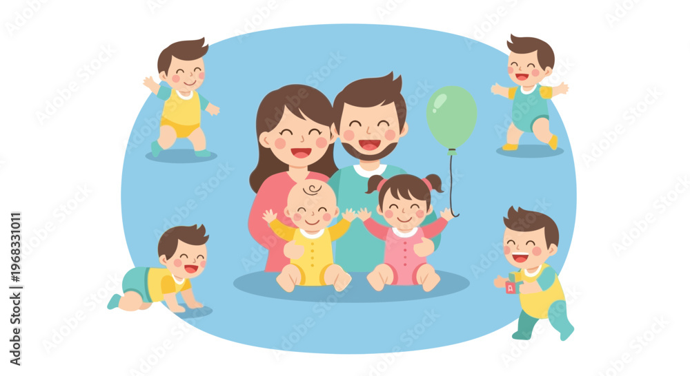 Fototapeta premium Happy Family with Five Children and Balloon.