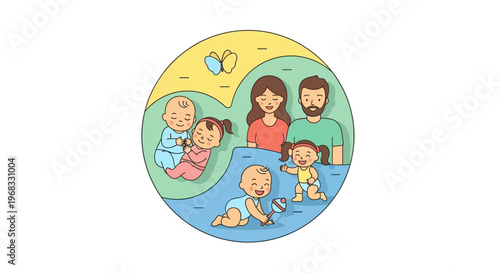 Happy Family with Three Children in a Circle.