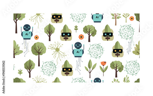 nature's influence on AI seamless pattern, repeating pattern, surface design, textile print, modern illustration of AI robots, neural networks, leaves, trees,