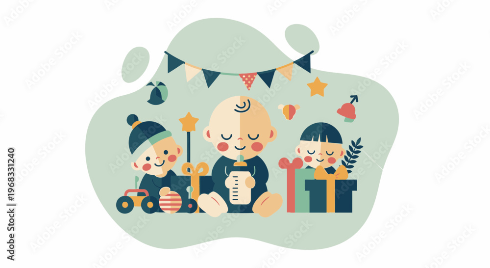 Fototapeta premium Three Adorable Babies Celebrating Together with Gifts and Decorations.
