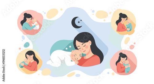 Mother holding her baby tenderly at night.