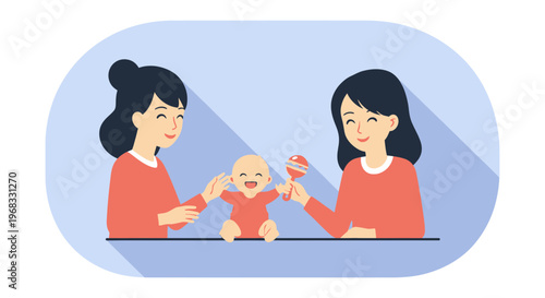 Two women and baby playing together happily.