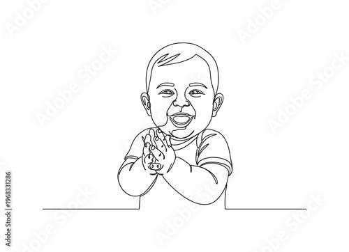 Cheerful Infant. Minimalistic one-line drawing baby clapping hands and giggling, continuous single black line on white background, simple outline style, no