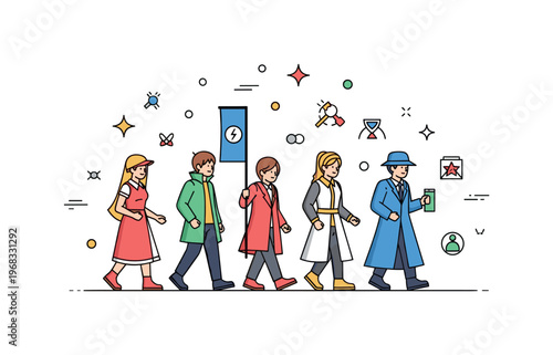Group cosplay themed street parade concept where cosplayers walk together in costume while small sparkle and line icons highlight energy, fun, and collective