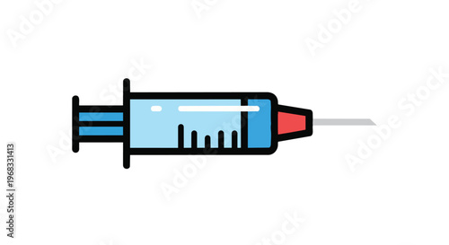 A modern illustration depicting a stylized medical syringe with a blue barrel and red cap against a clean white backdrop, signifying healthcare
