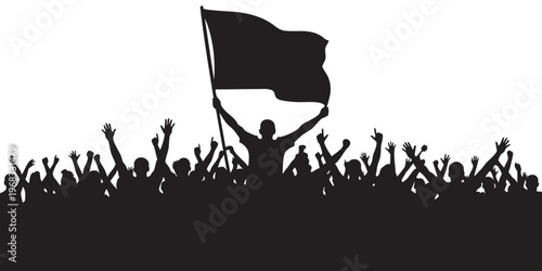 A celebratory crowd raises hands and a flag in a dynamic black silhouette high quality professional