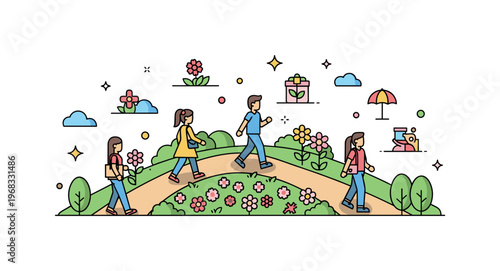 Spring flowers park stroll concept where people walk along paths surrounded by blooming flowers while small sparkle and line icons emphasize leisure, beauty,