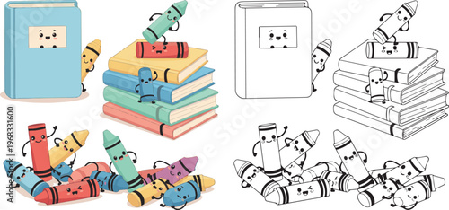 happy book and stationary pen pencil vector illustration of children kid color book