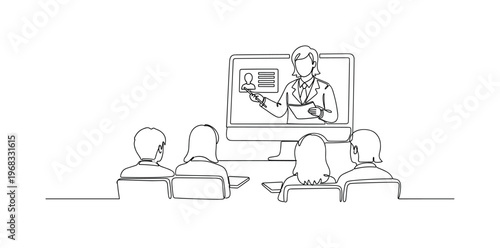 Classroom Online. Minimalistic one-line drawing teacher presenting lecture to remote students on computer screen, continuous single black line on white