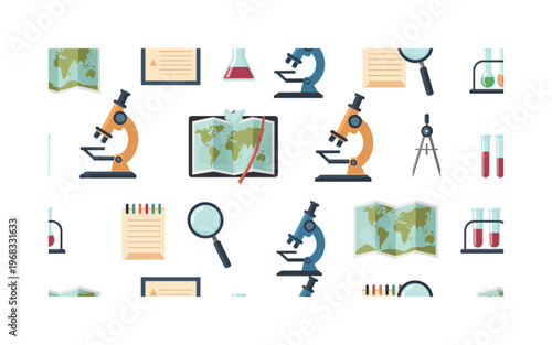 scientific discovery seamless pattern, repeating pattern, surface design, textile print, modern illustration of microscopes, magnifying glasses, lab notes,