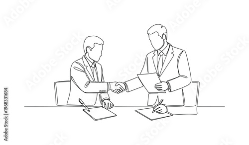 Treaty Signing. Minimalistic one-line drawing diplomats with pens and papers exchanging agreements, continuous single black line on white background, simple