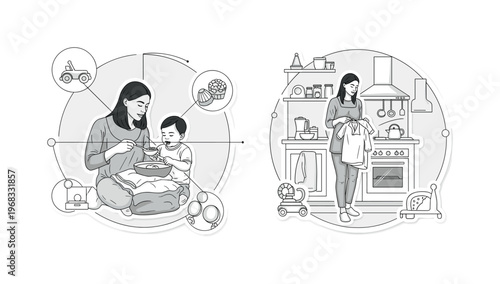 childcare and chores geometric circles intersecting lines and abstract toy icons detailed monochrome multitasking mom feeding child while folding laundry and