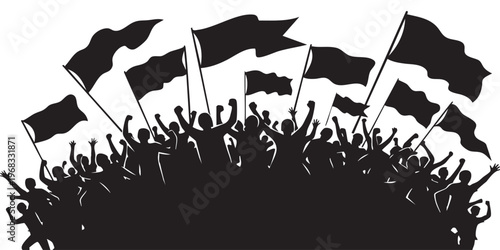 A large crowd of people waving flags with arms raised in a celebratory gesture silhouette