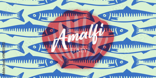 Sardine and shell pattern. Mediterranean fish illustration with Amalfi summer stamp and nautical ornaments. Italian blue and red coastal banner with retro Sardinia food labels and hand drawings.