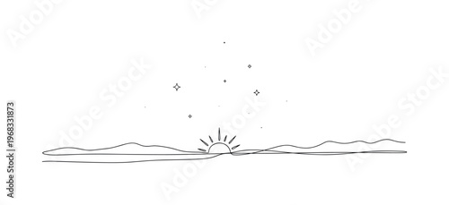 Twilight Emergence. Minimalistic one-line drawing faint stars appearing in sky at dusk, continuous single black line on white background, simple outline style,
