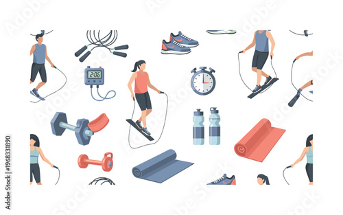 fitness patterns seamless pattern, repeating pattern, surface design, textile print, modern illustration of jump ropes, people skipping rope, sneakers, timers,