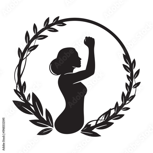A pregnant woman raising a fist within a laurel wreath a powerful symbol of strength silhouette