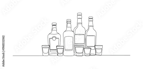 Spirits Collection. Minimalistic one-line drawing liquor bottle and shot glass, continuous single black line on white background, simple outline style, no