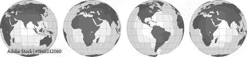 Monochrome world map globes showing continents from multiple angles geographic visualization earth hemispheres cartography illustration set detailed global perspective design