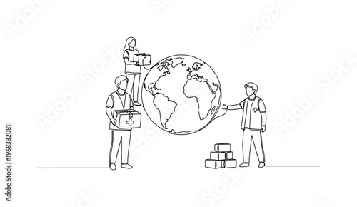 Aid Outreach. Minimalistic one-line drawing volunteers with globe and relief packages, continuous single black line on white background, simple outline style,